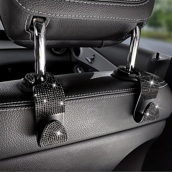 Zpana 4PCS Bling Car Seat Headrest Hooks, Crystal Rhinestones, Black | Vehicle Back Seat Purse Handbag Hanging Holder, Crystal Diamond Design for Girls, Storage Organizer Hook, Universal Fit - Image 6