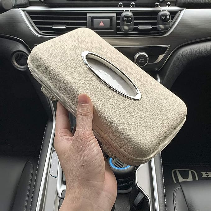 Car Tissue Holder, Sun Visor Tissue Holder, Zipper Car Visor Napkin Holder, PU Leather Backseat Tissue Case for Car,Vehicle (Beige) - Image 8