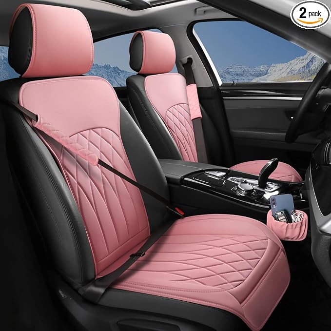 BEITK 2 Pack Waterproof Front Car Seat Covers for Car Truck SUV Pink | PU Leather, Scratch-resistant, Sideless Design, Universal Fit, with Storage Pockets and Seat Belt Pads, Easy to Install by BEITK