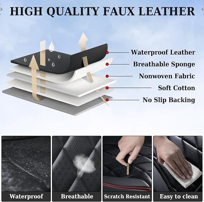 Coverado Car Seat Covers Full Set, Luxury Faux Leather Waterproof Seat Covers, Black Car Seat Covers, Universal Car Seat Protector Leather Car Seat Cushion, Carseat Cover Fit Most Cars, Black&Red - Image 9