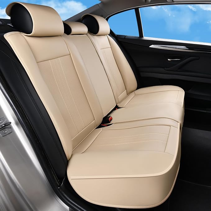 Huidasource Beige Back Seat Cover, Luxury Faux Leather Car Back Seat Cover, Velcro Adjustable, Compatible with Child Seat, Perforation Cooling&Heating, Universal Fit for Most Cars Vans, Trucks, SUVs - Image 8