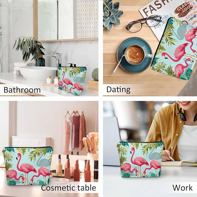 Women Makeup Organizer Bag Flamingo Exotic Flamingo Tropical Palms Flax Cosmetic Bag Makeup Bags Toiletry Bag Accessories Organizer Travel Bags For Home Bathroom Office Hotel Gym Pink Green - Image 6