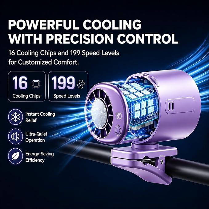 Clip on Fan, 360° Rotate Wearable Mini Fan, 199 Speeds LED Display | 4-in-1 clip fan for car seat, hat & waist. 199 speeds, LED display, 360° rotate, 2000mAh battery, lanyard included. - Image 9