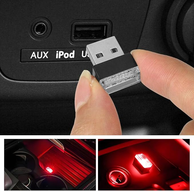 Sun Walker 4 PCS USB LED Car Interior Atmosphere Lamp, Plug-in USB Interface Trunk Ambient Light LED Decoration, Mini Portable Interior Night Lighting Kit for Most Vehicles (Red) - Image 6