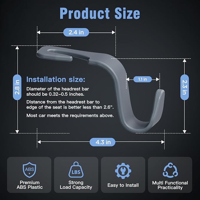4-Pack Car Headrest Hooks Holds 55lbs Seat Storage Organizer for Bags | Durable ABS Material, 360° Rotating, Car Hanger for Backpack Umbrella Water Bottle Coat Purses Handbags Groceries, Grey - Image 5
