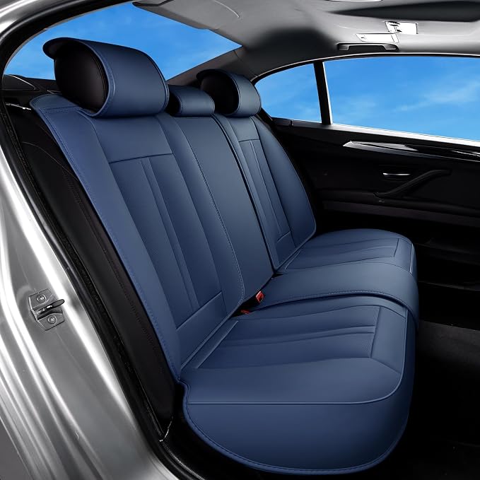 Huidasource Blue Back Seat Cover Luxury Nappa Leather, Rear Seat Cover with Velcro Adjustable, Ventilation Holes, Child Safety Seats, Back Seat Car Cover Universal Fit for Most Cars SUV Trucks, Blue - Image 9