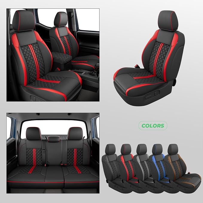 RIDEPOSH Custom Leather Seat Covers for Toyota Tacoma Double Cab 2016-2023 | full set, BKred, OEM fit, premium waterproof leather, anti-slip, extra pockets, long-term durability, airbag compatible - Image 9