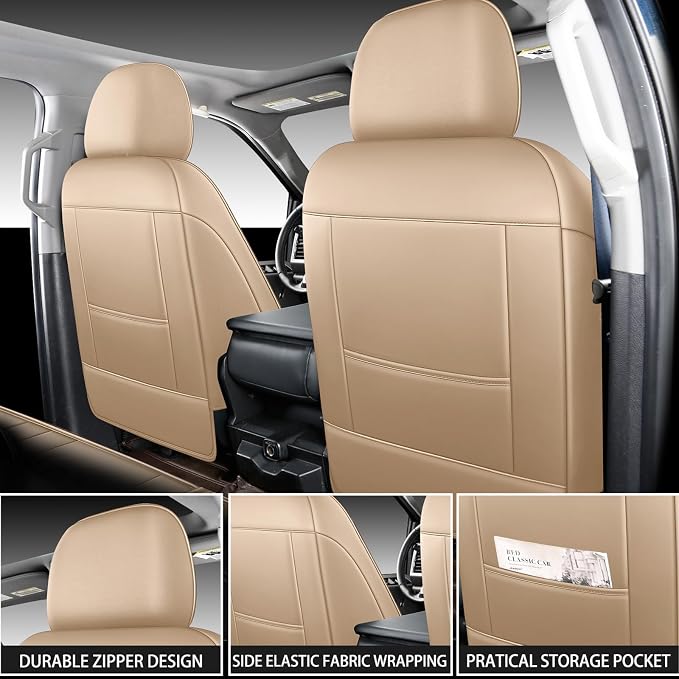 MINGBRON Ford Seat Covers, Leather Pickup Seat Cushion Cover Fit for 2009-2026 Ford F150 SuperCrew & F250 F350 F450 Super Duty Crew Cab XL XLT Lariat King Ranch Platinum(Full Set/Beige) - Image 6