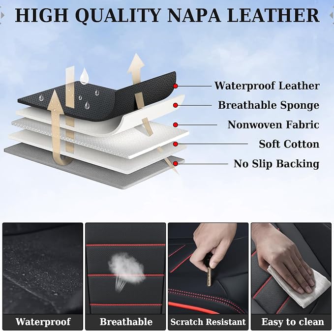 Coverado Seat Covers, Car Seat Covers Front Seats, Car Seat Cover, Car Seat Protector Waterproof, Car Seat Cushion Nappa Leather, Seat Covers for Cars Carseat Cover Universal Fit for Most Cars-Redline - Image 8