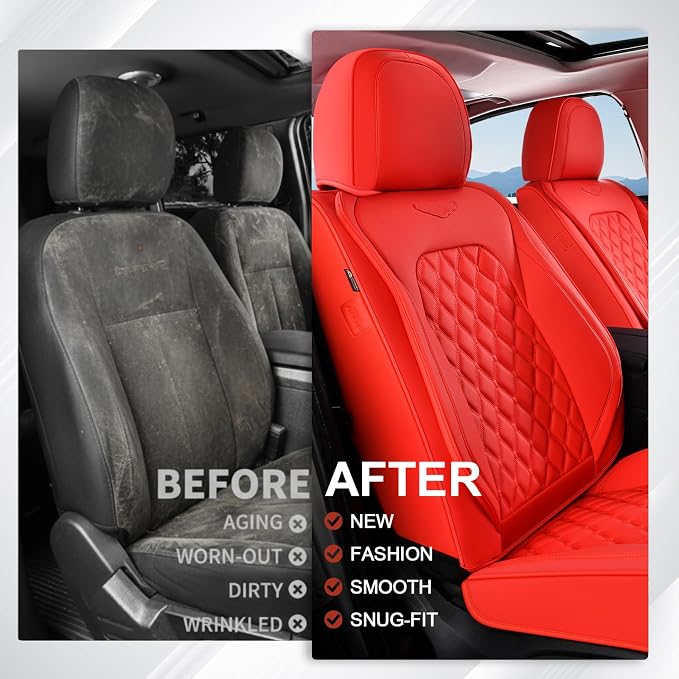 Coverado Full Set Car Seat Covers, 5-Seat Universal Faux Leather Waterproof Seat Covers, Front & Back Car Seat Protectors, Red Leather Seat Covers Fit for Most Vehicles-Red - Image 9