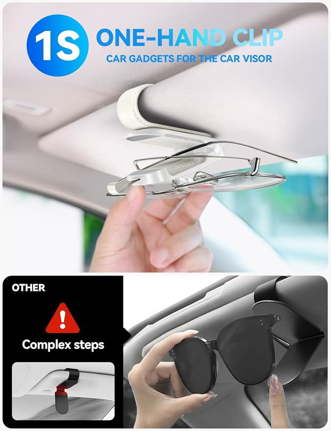 JOYROOM Magnetic Leather Sunglass Holder for Car Visor - White | One hand magnetic glasses holder for car visor clip, Soft leather lining protects frames, fits all auto sunglasses. - Image 6