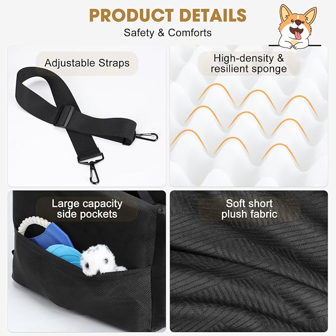 JOEJOY Dog Car Seats for Small Medium Dogs Under 35lbs, Dog Booster Seat with Detachable Washable Cover and Cushion, Memory Foam Pet Car Seat with Safety Belt and Storage Pockets (Black) - Image 8