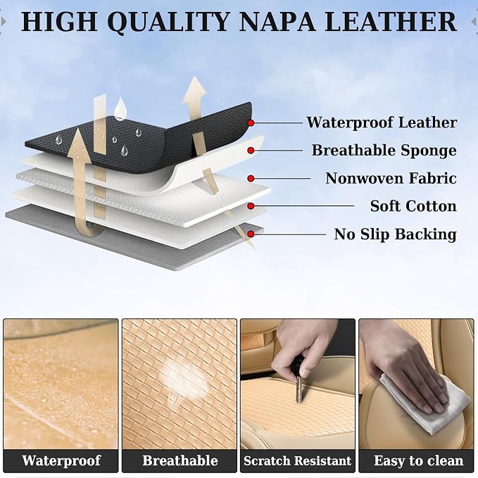 Coverado Seat Covers, Car Seat Covers Front Seats, Waterproof Nappa Leather Auto Seat Cover with Lumbar Head Pillow, Beige Seat Covers Carseat Cover Universal Fit for Most Cars - Image 7