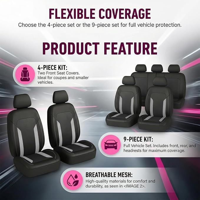 Car Seat Cover Full Set, Breathable Split Anti-Slip Vehicle Front Rear Seat Protector with Removable Headrest Guard, Automotive Interior Chair Protective Covers, Universal Fit (Gray) - Image 6