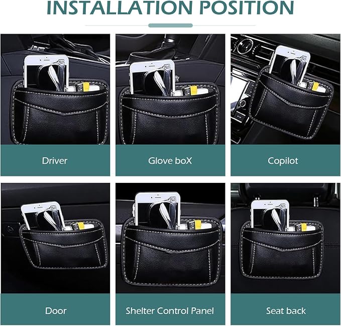 Car Seat Side Pocket Organizer, PU Leather Mini Storage Bag, Seat Gap Filler with Phone Sunglasses Pen Holder, Universal Auto Organizer for Documents Registration Notepad (Black) - Image 6