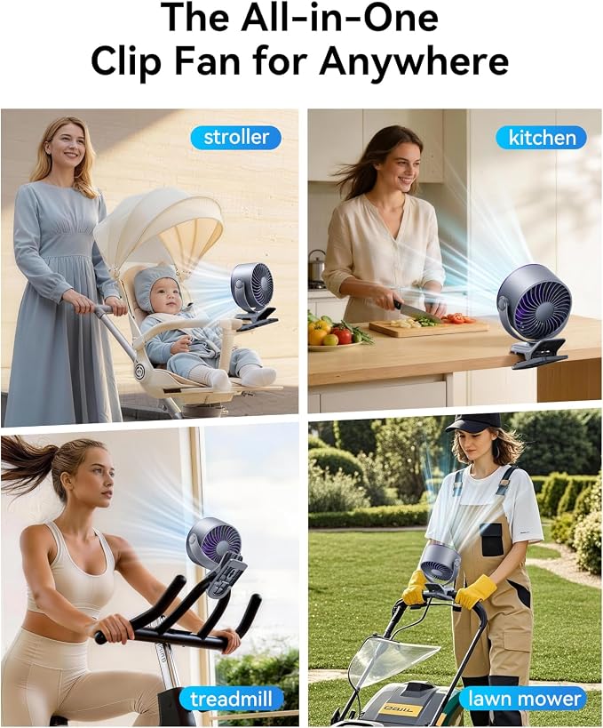 KIMMOO Portable Clip on Fan, 100-Speed Rechargeable USB Fan with LED Display, 360° Rotation & Strong Airflow Desk Fan, Up to 17 Hours Small Battery Fan for Outdoor Travel Camping Treadmill Car (Grey) - Image 9