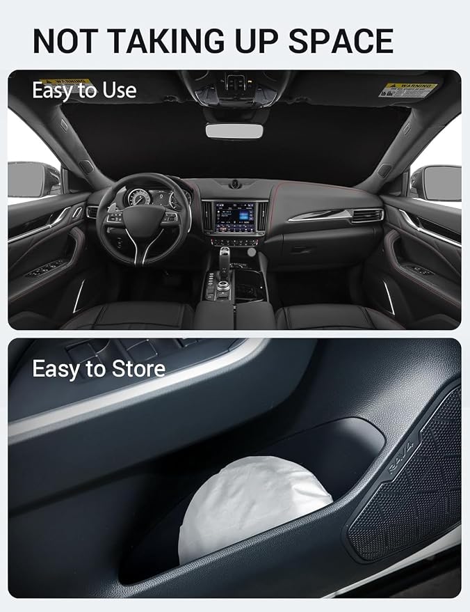 Proadsy Custom Fit Car Windshield Sun Shade for 2017-2024 Maserati Levante | 240T Heat Shield, Drops Temp 54°F, Blocks 99% UV, Prevents Dashboard Cracking, Summer Parking & Beach Trips, Easy Twist-Fold - Image 9