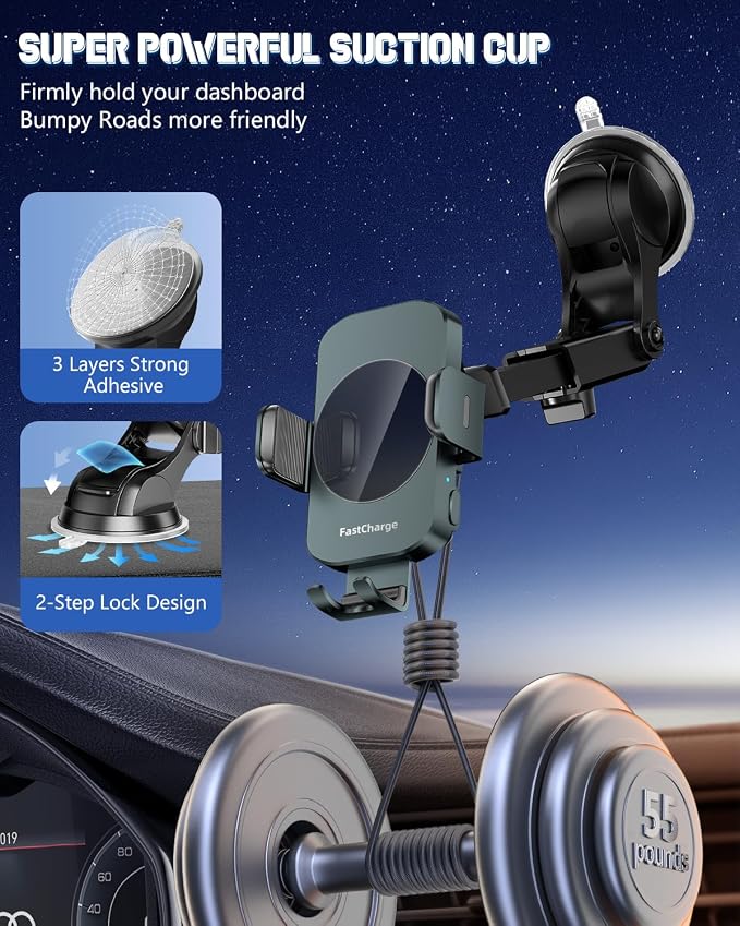 3-in-1 Wireless Car Charger Mount, 15W Fast Charging Auto-Clamping Phone Holder for iPhone 17 16 15 14, Samsung Galaxy S24 S23, Dashboard, Vent & Windshield Car Mount(Forest Green) - Image 7