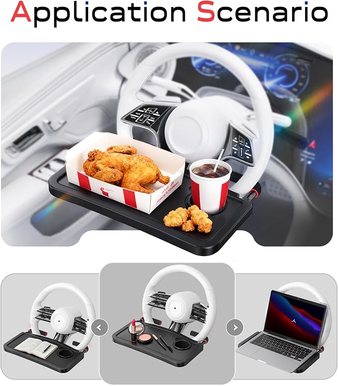 Car Steering Wheel Tray for Drivers Steering Wheel Tray for Dining, Mobile Office & Travel Food with Cup Holder, Scratch-Free EVA Hook Covers, 2-in-1 Desk Table for Car - Black - Image 9