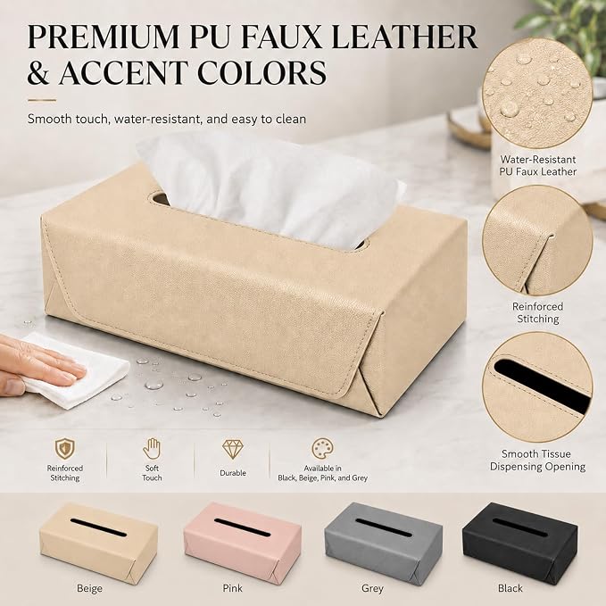 Car Tissue Holder with Magnetic & Strap Mount, Beige, 1 Pack | PU Faux Leather, For Sun Visor, Seat Back, Console, Refrigerator, Fits Standard Tissue Packs - Image 8