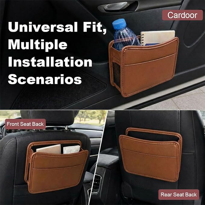 Car Seat Side Pocket Organizer, Leather Sewn Multifunctional Automotive Trash Bag, Small Vehicle Door Pouch for Cell Phone, Key, Wallet, Sunglasses (Brown) - Image 6