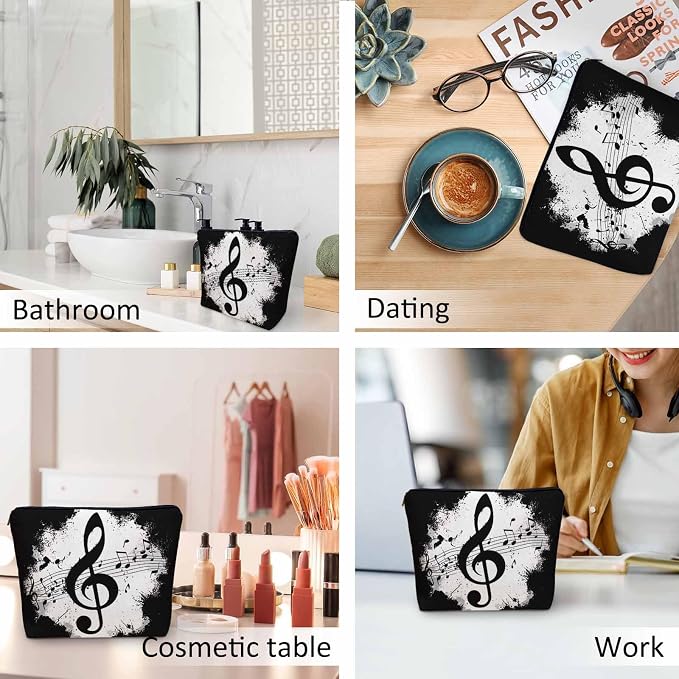 Music Notes Makeup Organizer Bag Cosmetic Bag For Men Women, Grunge Musical Notes Melody Black Travel Toiletry Bag Flax Makeup Bags Purse Business Makeup Pouch For Toiletries Cosmetics - Image 6