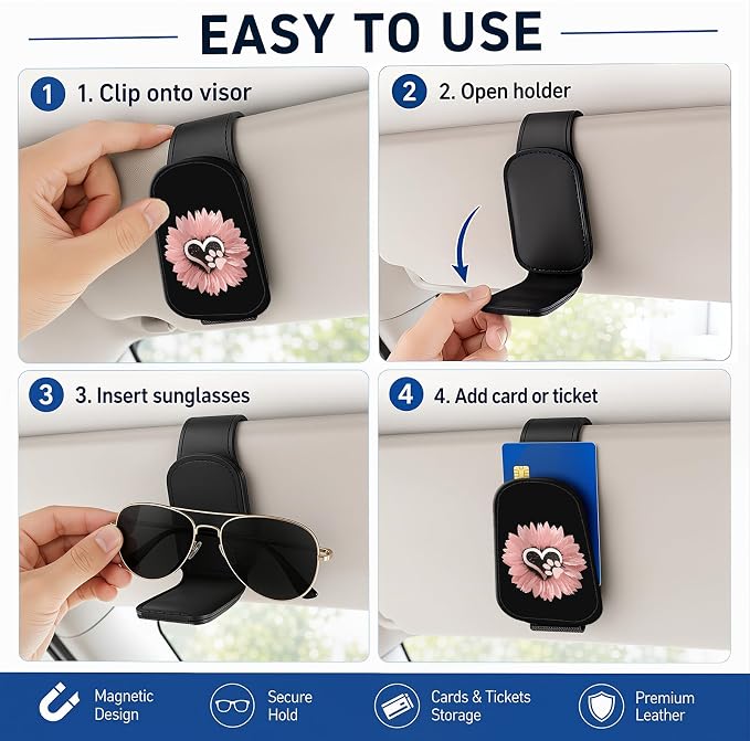 Leather Magnetic Sunglass Holder for Car Sun Visor, Cute Eyeglass Ticket Card Hanger Clip, Universal Auto Interior Accessories for SUV Pickup Truck, Sunflower Paw - Image 5