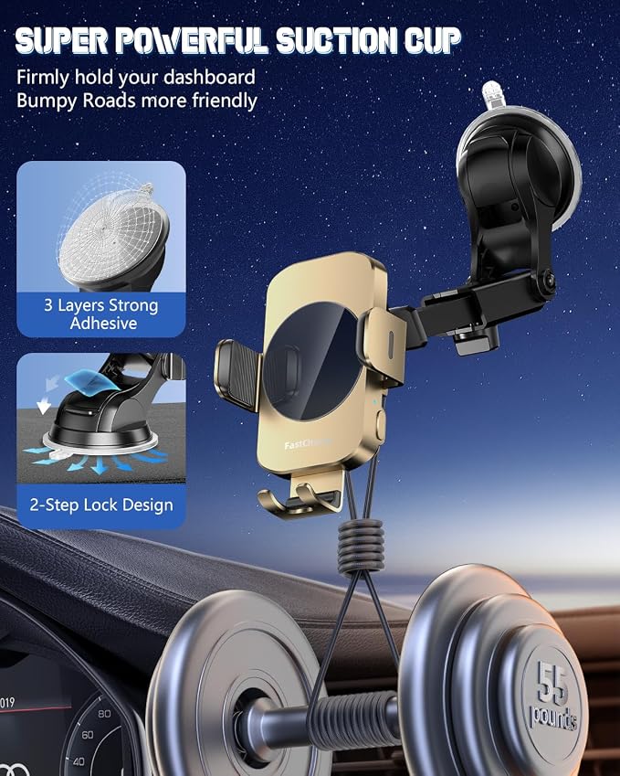 3-in-1 Wireless Car Charger Mount, 15W Fast Charging Auto-Clamping Phone Holder for iPhone 17 16 15 14, Samsung Galaxy S24 S23, Dashboard, Vent & Windshield Car Mount(Amber Yellow) - Image 7