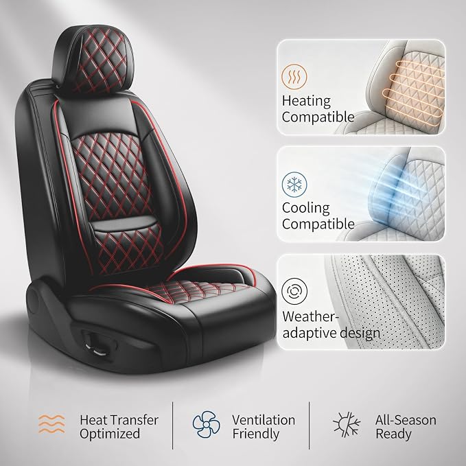 Fit Canyon Car Seat Covers for GMC Canyon 2015-2025 2026 - Luxury Leather, Anti-Slip, All-Weather Seat Cushions, Waterproof & Breathable, Airbag Compatible, Full 5-Seat Set (Redline) - Image 9