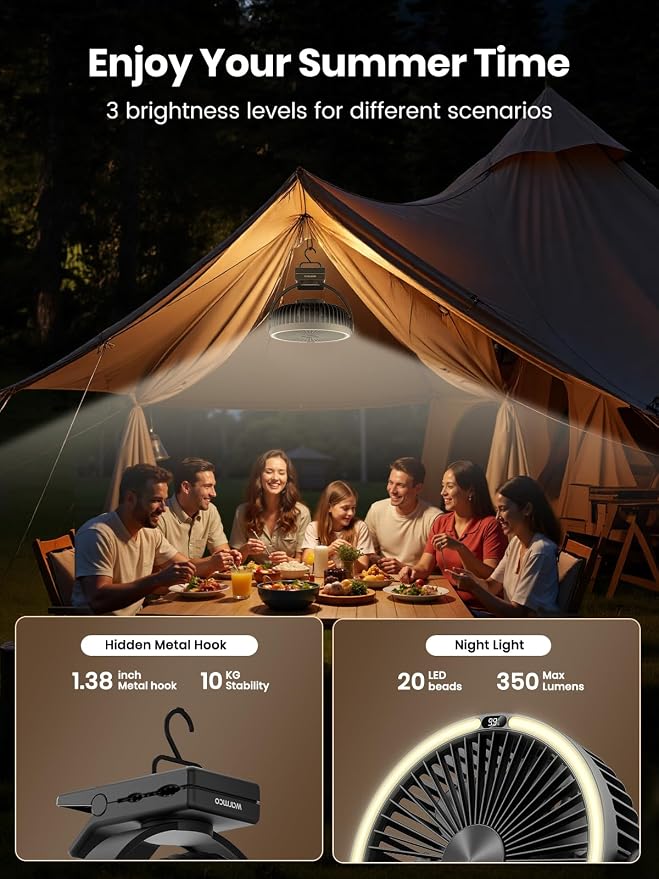 Warmco 15000mAh Clip on Fan with LED Light for Camping and Golf Car | 12-30H Runtime, 300H+ Light, USB-C Two-Way Charging, 3-Level LED Light, Clip Hook Desk Use, 4 Speeds - Image 7