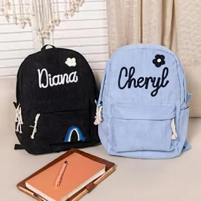 Custom Corduroy Backpack with Personalized Woven Name, Vintage Casual Daypack, Adjustable Strap Backpack for Commute Travel & Campus - Image 7