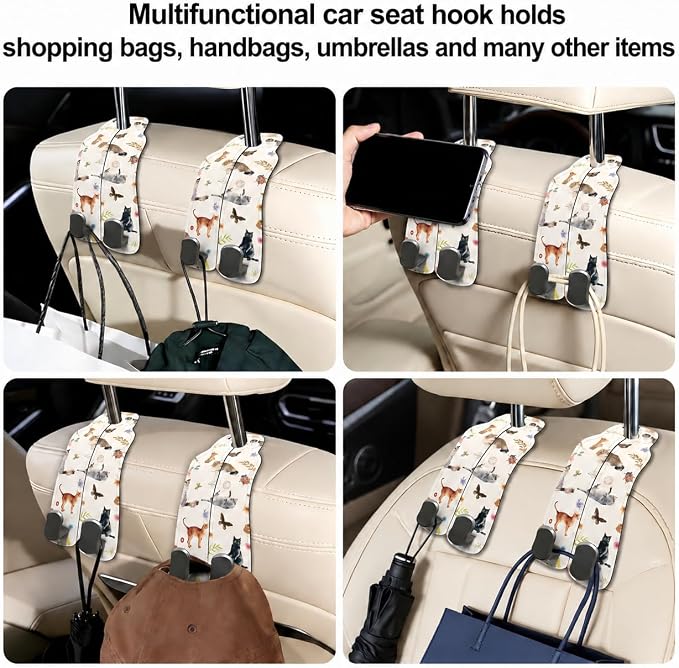 Car Seat Back Headrest Hooks - 2 Pack, Watercolor Cat Pattern Purse Hook for Car, Metal Leather Multifunctional Auto Hanger Organizer for Bags Water Bottles Phones - Image 6