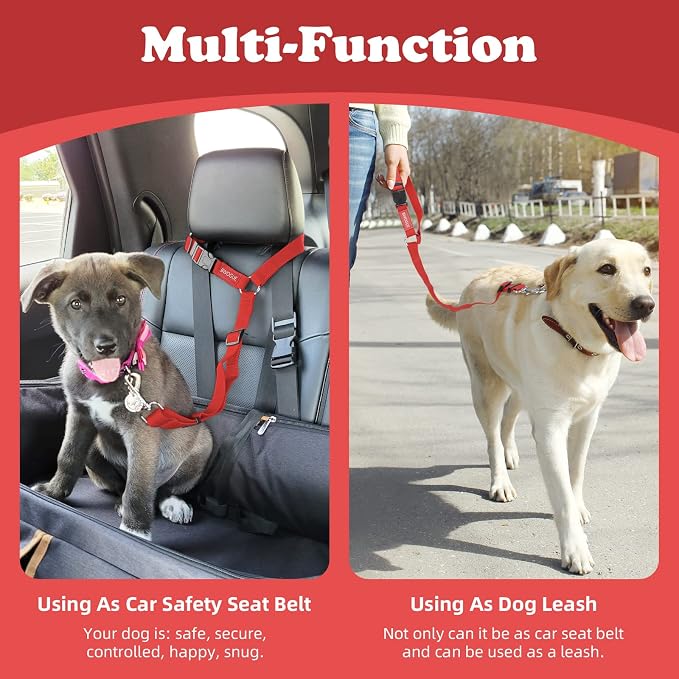 BWOGUE 2 Pack Dog Seat Belt for Car, Headrest Restraint Safety Strap, Red | 18-30 in Adjustable, Headrest Loop, 2 Pack for Dogs and Cats, Nylon Safety Strap, Use with Dog Harness, Zinc Alloy Snap - Image 6