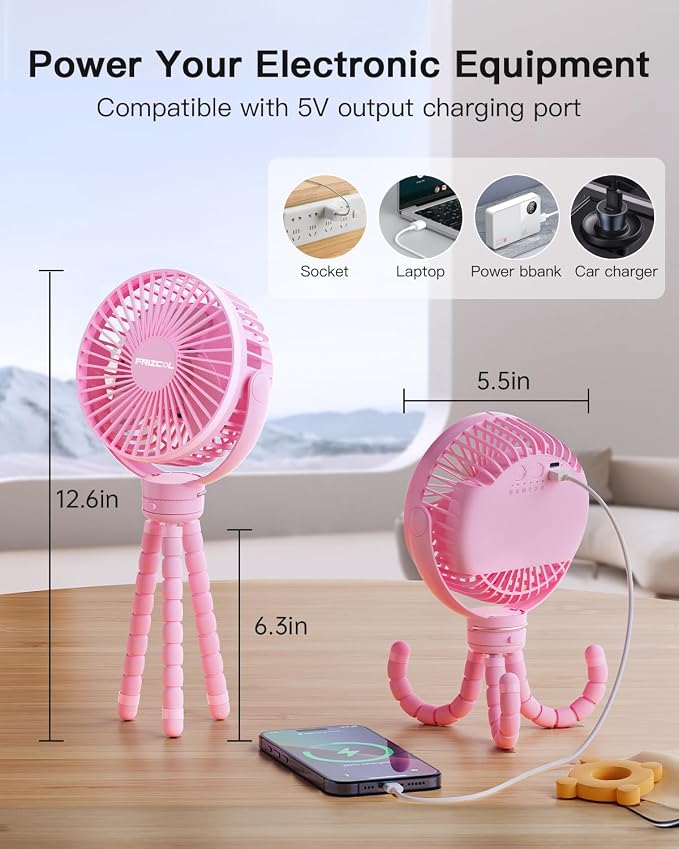 FRIZCOL 12000mAh Portable Stroller Fan, Use As Power Bank, 65H Battery Operated Fan Flexible Tripod Clip On Fans, Detachable Personal Handheld Baby Fans for Stroller, Car seat, Desk, Treadmill(Pink) - Image 7