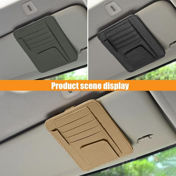 GLSOWEE Leather Car Sun Visor Organizer Clip with Sunglasses Holder, Beige | Universal Car Truck Visor Document Holder, Auto Visor Pocket Storage Pouch for Bill Card Registration/Driving License Pen - Image 6