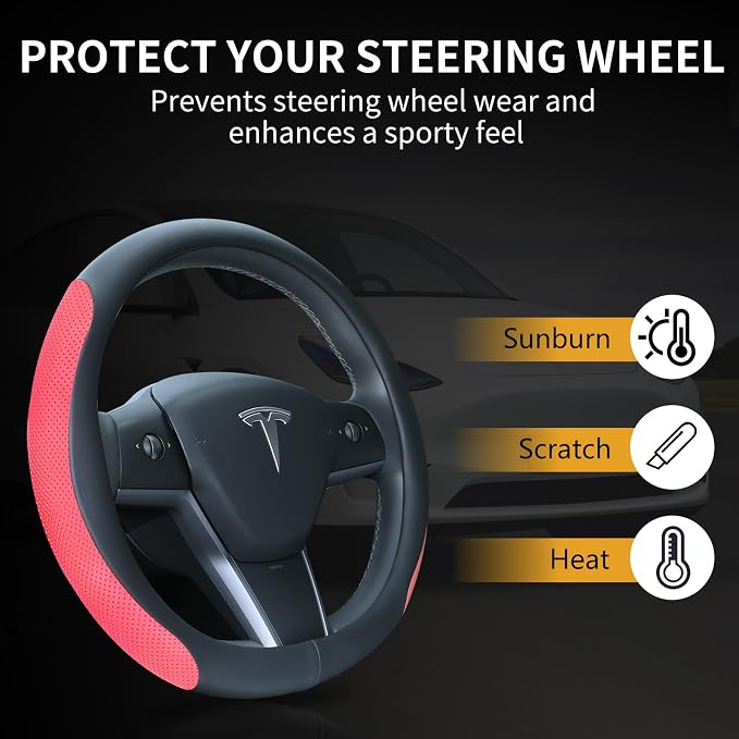 Uxcer Nappa Leather Steering Wheel Cover Compatible with Tesla Model 3/Y 2016-2025 2026 Juniper/Highland, Non-Slip Breathable Model 3/Y Steering Wheel Protector, Red - Image 6
