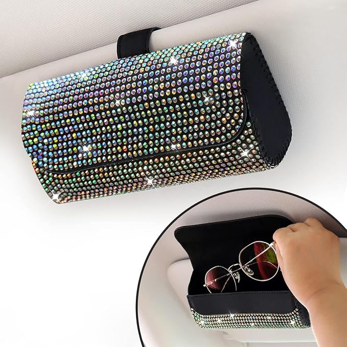 Osilly Bling Car Sunglass Holder for Sun Visor, Sparkling Crystal Leather Automotive Eyeglasses Mount Clip Organizer with Hidden Magnetic Closure for Men Women, Universal for SUV Truck Van(Multicolor) - Image 6