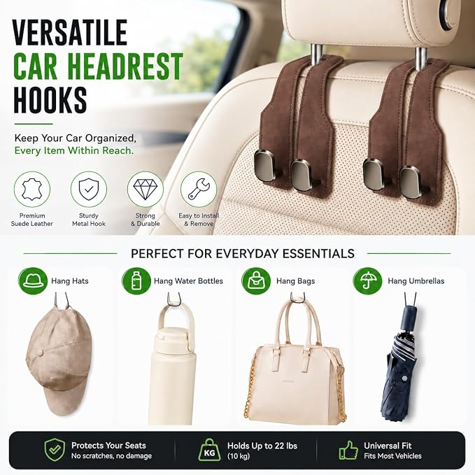 4 Pack Car Headrest Hooks, Dual Metal Hooks, Stylish Brown | Premium leather with dual metal hooks and anti-drop design. Holds purses, bags, coats, and groceries securely. - Image 7