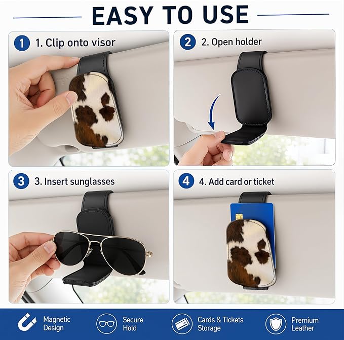 Leather Magnetic Sunglass Holder for Car Sun Visor, Cute Eyeglass Ticket Card Hanger Clip, Universal Auto Interior Accessories for SUV Pickup Truck, Cow Pattern - Image 5