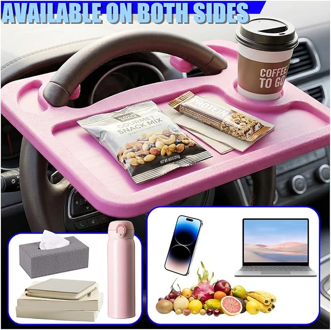 Car Steering Wheel Desk, 2 in 1 Multipurpose Auto Steering Wheel Tray with Drink Holder and Pen Slot, Portable Vehicle Computer Office Table Travel Accessories for Laptop, Food (Pink) - Image 6