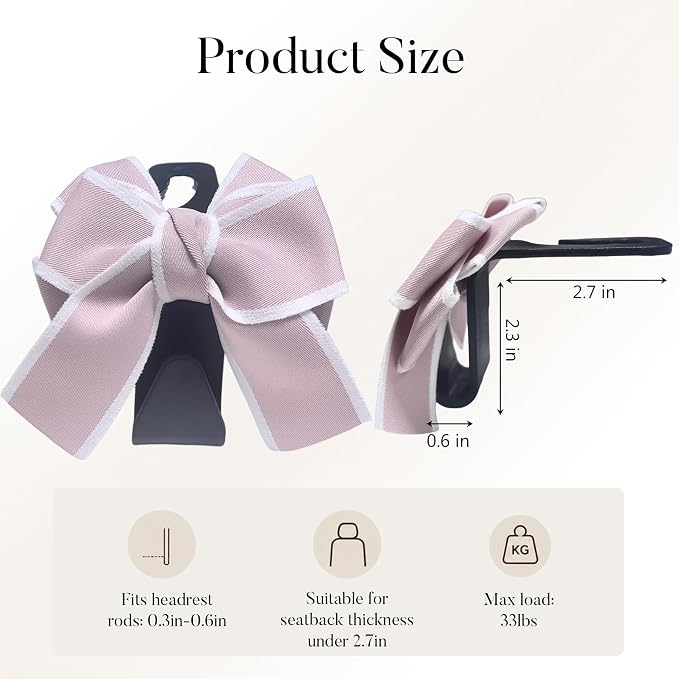 2-Pack Cute Bow Car Purse Hooks, Headrest Hangers, pink | Cute bow hooks keep purses and bags organized within reach while saving space; fits most car headrests - Image 5