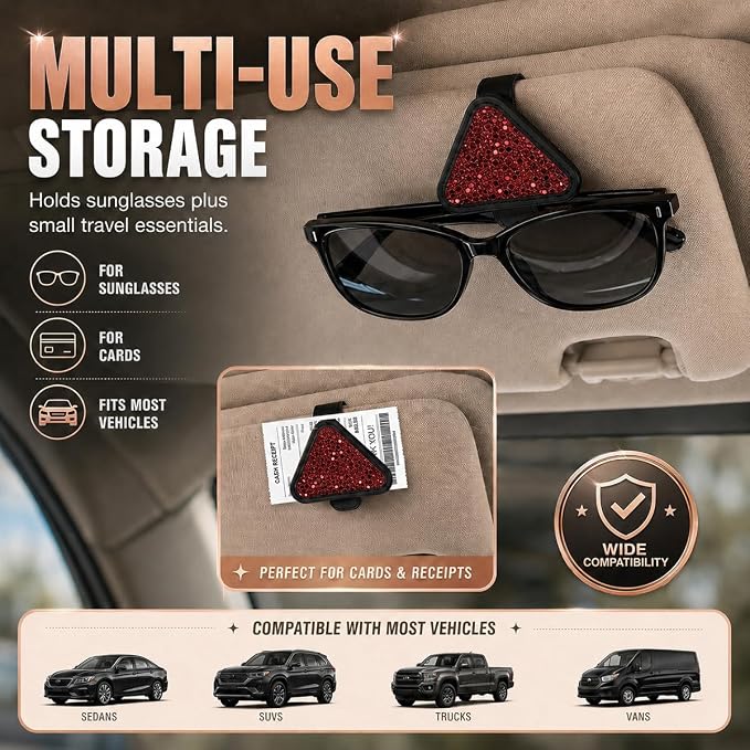 2PCS Magnetic Sunglass Holder for Car Visor, PU Leather Automotive Sun Visor Eyeglasses Hanger Clip, Vehicle Interior Ticket Card Organizer Mount Accessories for SUV Pickup Truck(Red) - Image 6
