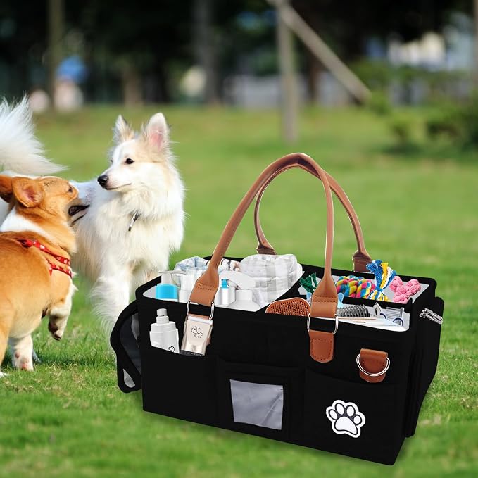 Felt Dog Grooming Bag,Portable Tote Bag for Dogs Cats,Dog Storage Organizer for Grooming Tool Kit,3 Compartments Pet Stuff Oganizers with 8 Pockets-Black - Image 7
