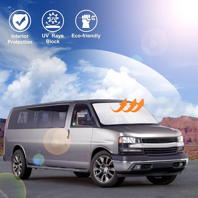 Windshield Sun Shade for 1996-2026 Chevrolet Express 1500/3500/4500 | Full covered, Foldable & Durable, Block UV Rays, Reduce Heat, Easy to install, Keep Car Cooler - Image 5