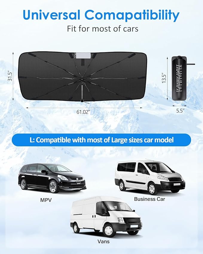 Car Windshield Sun Shade Foldable Umbrella, Sunshade for Car Windshield Cover Visor UV Ray Reflector, Sun Shade Windshield for Auto Trucks Sedan SUV Keeps Vehicle Cool Heat Insulation (53" x 27") - Image 7