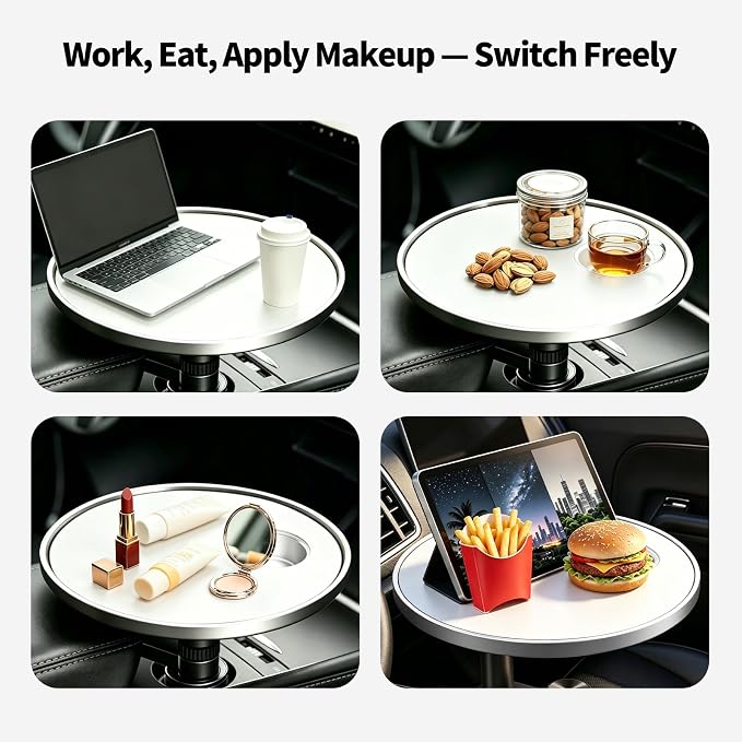 Round Car Desk Laptop Table, for Tesla & for Ford (White) | Cup Holder Tray ABS Car Table Tray, Car Accessories for Tesla Model Y/3/S, for Ford Explorer Maverick & Most Vehicles - Image 9