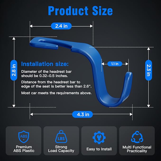 4-Pack Car Headrest Hooks Holds 55lbs Seat Storage Organizer for Bags | Durable ABS Material, 360° Rotating, Car Hanger for Backpack Umbrella Water Bottle Coat Purses Handbags Groceries, Blue - Image 6