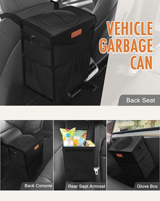 Pritent Car Trash Can with Lid Leakproof Car Garbage Bag Vehicle Trash Bin | Hanging Automotive Garbage Can,Multipurpose Car Accessories for Women Men Interior Car Storage Organizer(2.8 Gal,Black) - Image 6