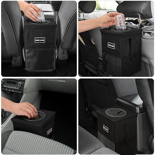 Beicarin Car Trash Can with Lid - Car Trash Bag Hanging with Storage Pockets Collapsible and Portable Car Garbage Bin, Leak-Proof Car Organizer, 1.82 Gallons Multipurpose Trash Bin for Car - Image 7