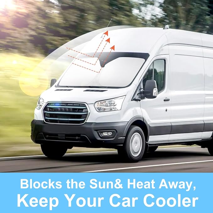 Windshield Sun Shade for 2022-2026 Ford E-Transit Accessories | Full covered for windshield, Foldable & Durable, Block UV Rays, Reduce Heat, Easy to install, Keep Car Cooler - Image 6